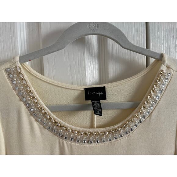La Vayna Cream Beaded Jeweled Flattering Scooped Round Neck Sweater Blouse PL - Picture 3 of 8